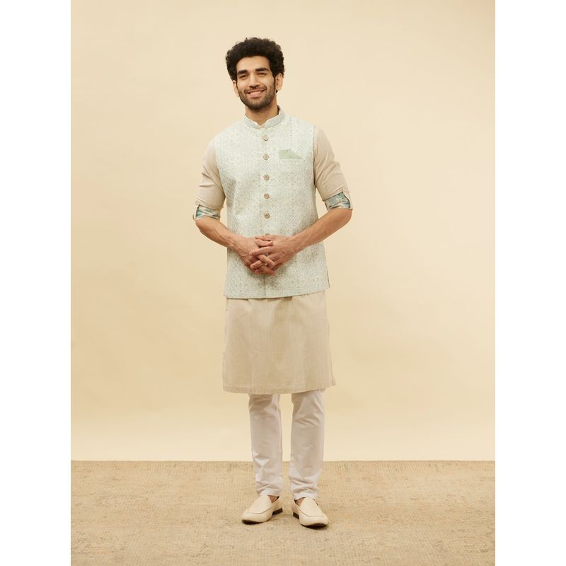 Manyavar Mens Off White Art Silk Printed Jacket (S)