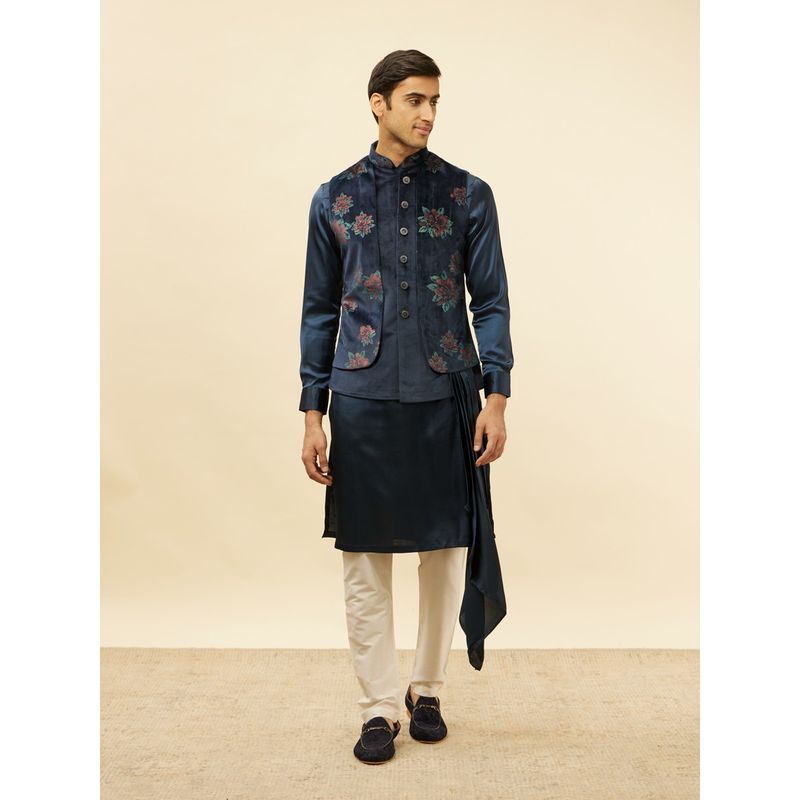 Manyavar Mens Blue Velvet Printed Kurta Pyjama Jacket (Set of 3) (S)