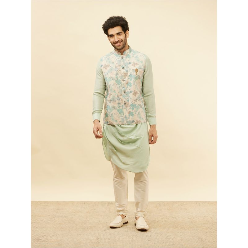 Manyavar Mens Green Blended Linen Printed Kurta Trouser Jacket (Set of 3) (M)