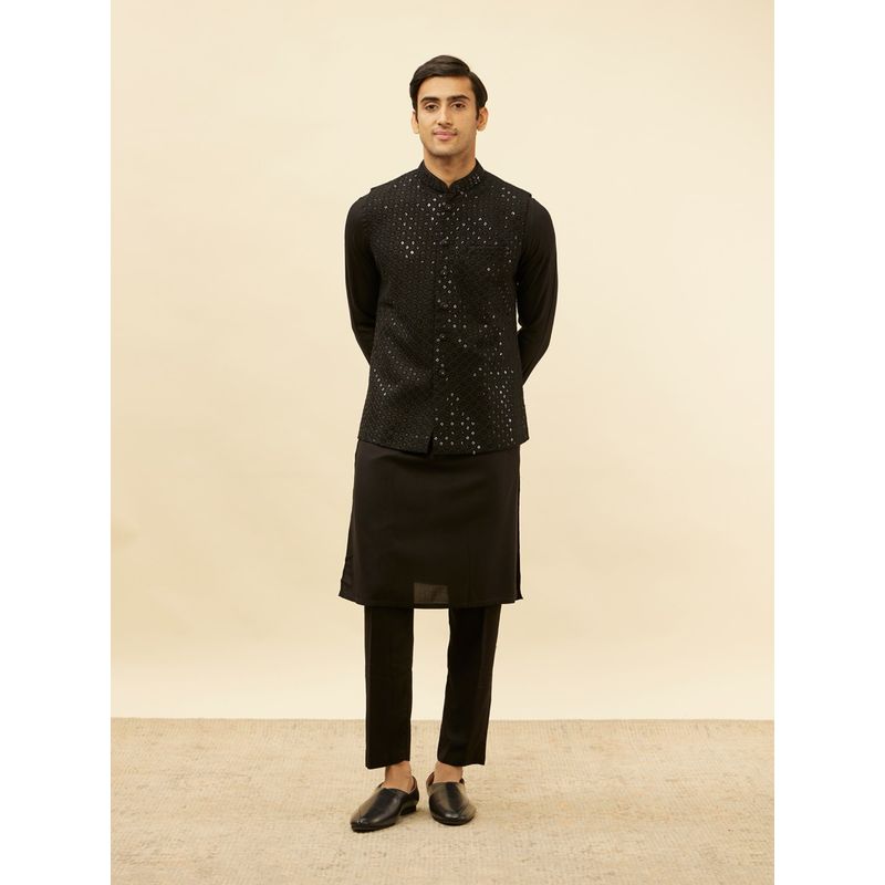 Manyavar Mens Black Blended Viscose Self Design Kurta Trouser Jacket (Set of 3) (S)