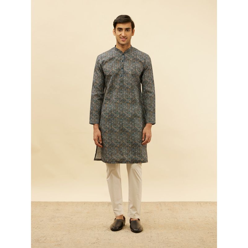 Manyavar Mens Blue Cotton Printed Kurta Pyjama (Set of 2) (L)
