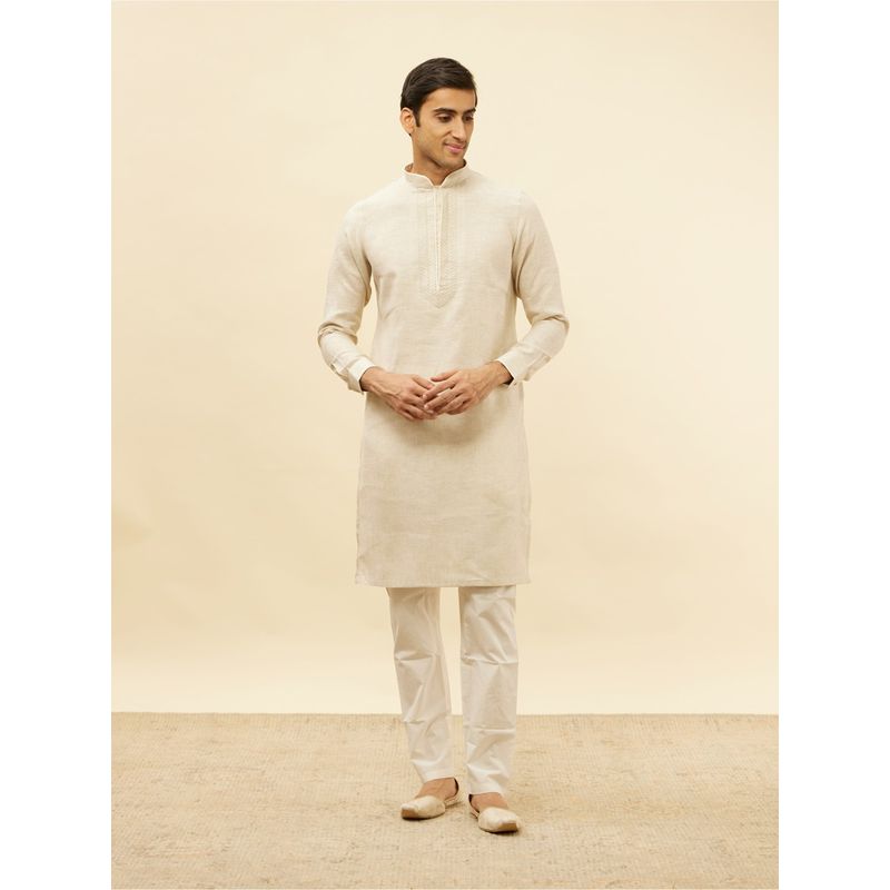 Manyavar Mens Natural Linen Solid Kurtas (XL)