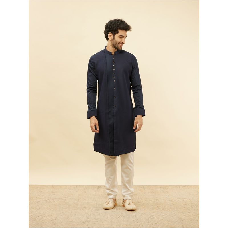 Manyavar Mens Blue Spandex Solid Kurtas (L)