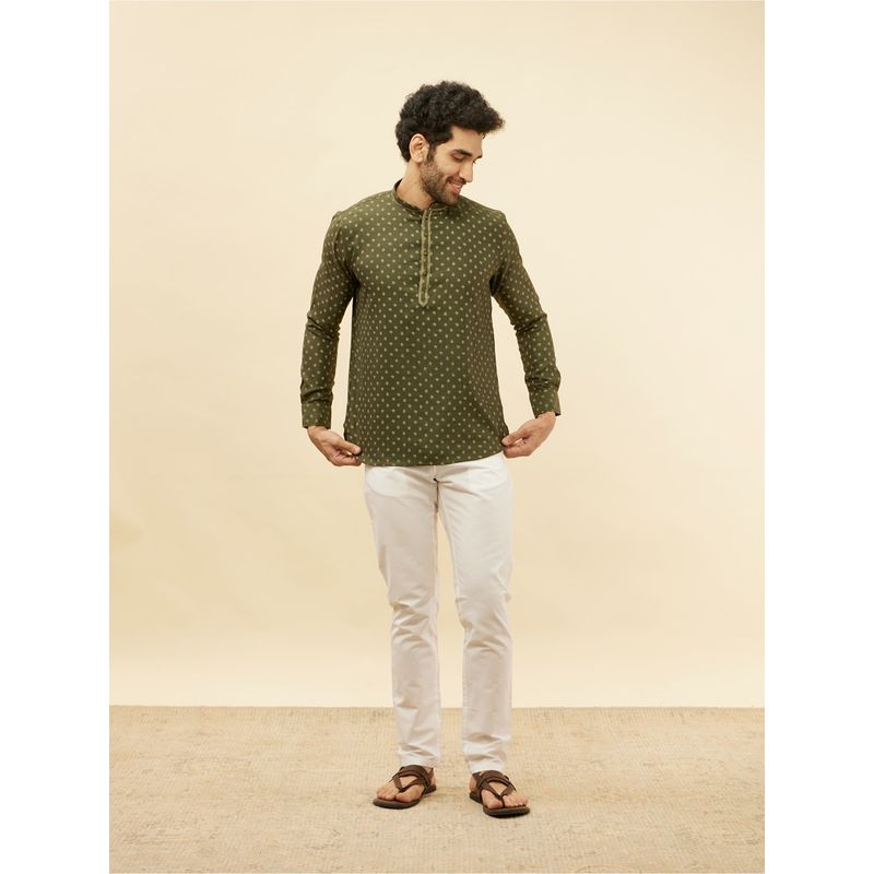 Manyavar Mens Green Blended Viscose Printed Short Kurtas (M)