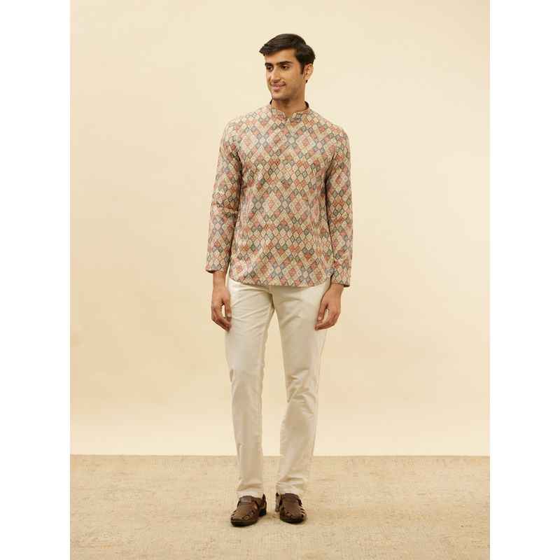 Manyavar Mens Beige Blended Viscose Printed Short Kurtas (L)
