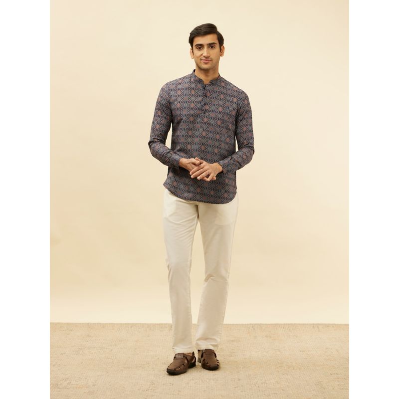 Manyavar Mens Blue Blended Viscose Printed Short Kurtas (XL)