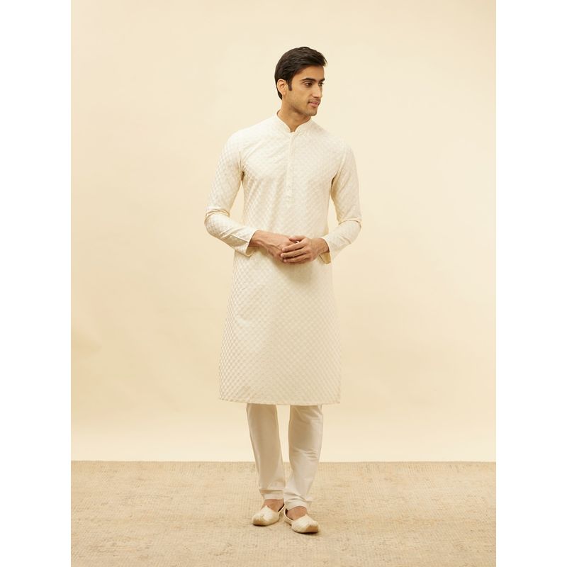 Manyavar Mens Cream Blended Viscose Self Design Kurta Pyjama (Set of 2) (M)