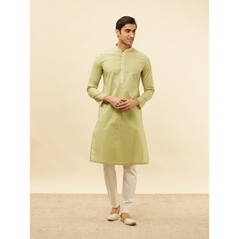 Manyavar Mens Green Cotton Printed Kurta Pyjama (Set of 2) (XL)