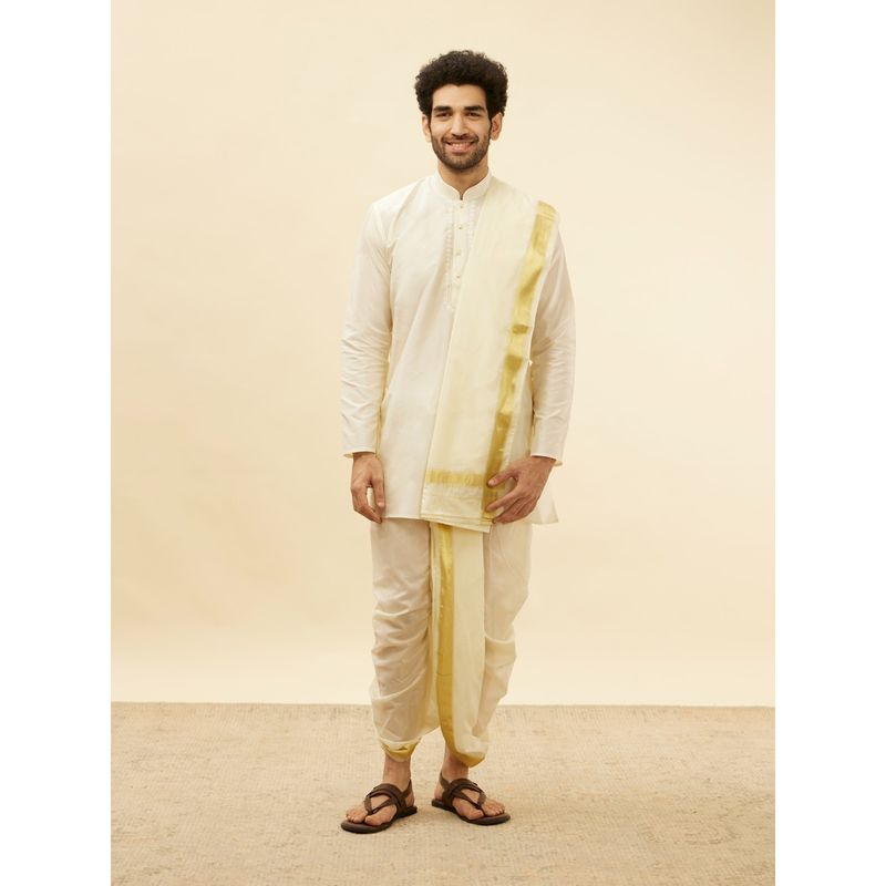 Manyavar Mens Cream Art Silk Solid Kurta Dhoti (Set of 2) (S)