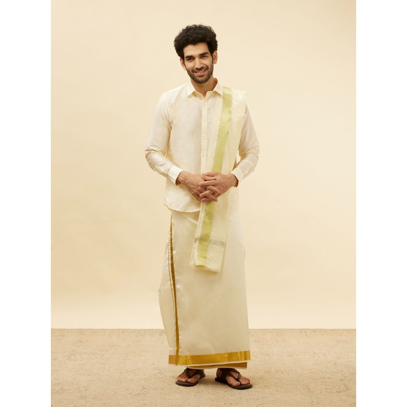 Manyavar Mens Cream Art Silk Solid Shirt Veshti (Set of 2) (M)