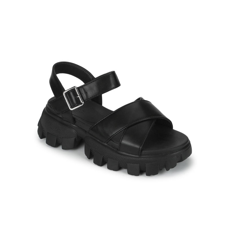 Buy Truffle Collection Black Pu Cleated Bottom Chunky Sandals