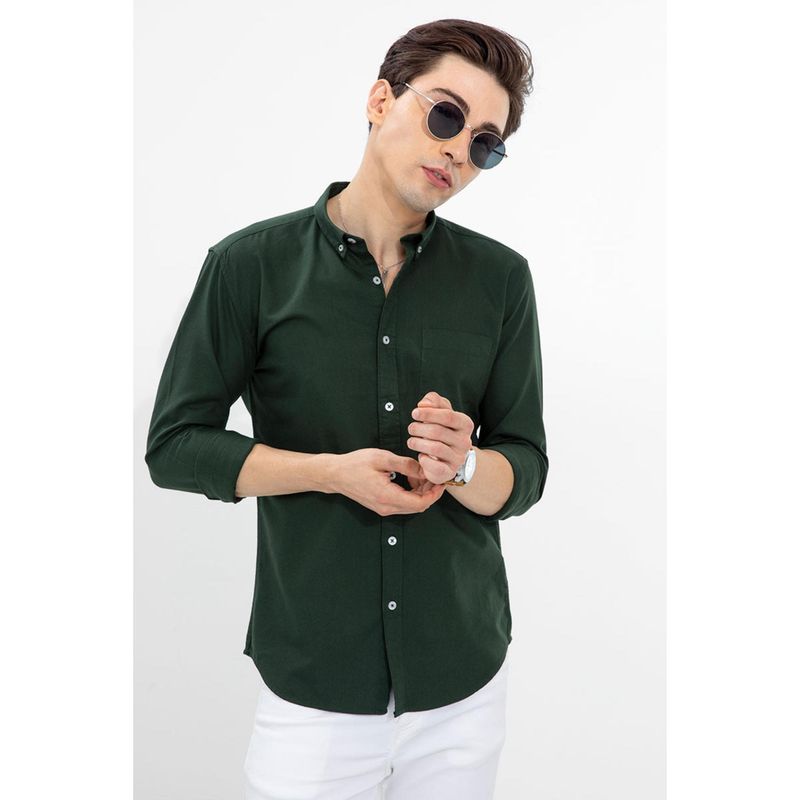 Snitch Men Olive Solid Cotton Casual Shirt (M)