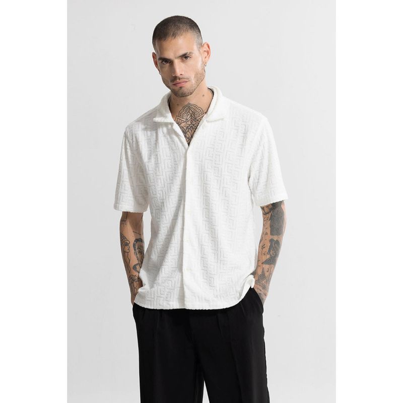 Snitch Men White Textured Cotton Blend Casual Shirt (XL)