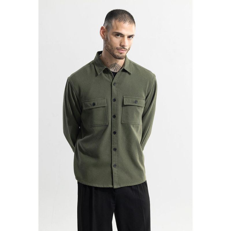Snitch Men Olive Solid Cotton Casual Shirt (M)