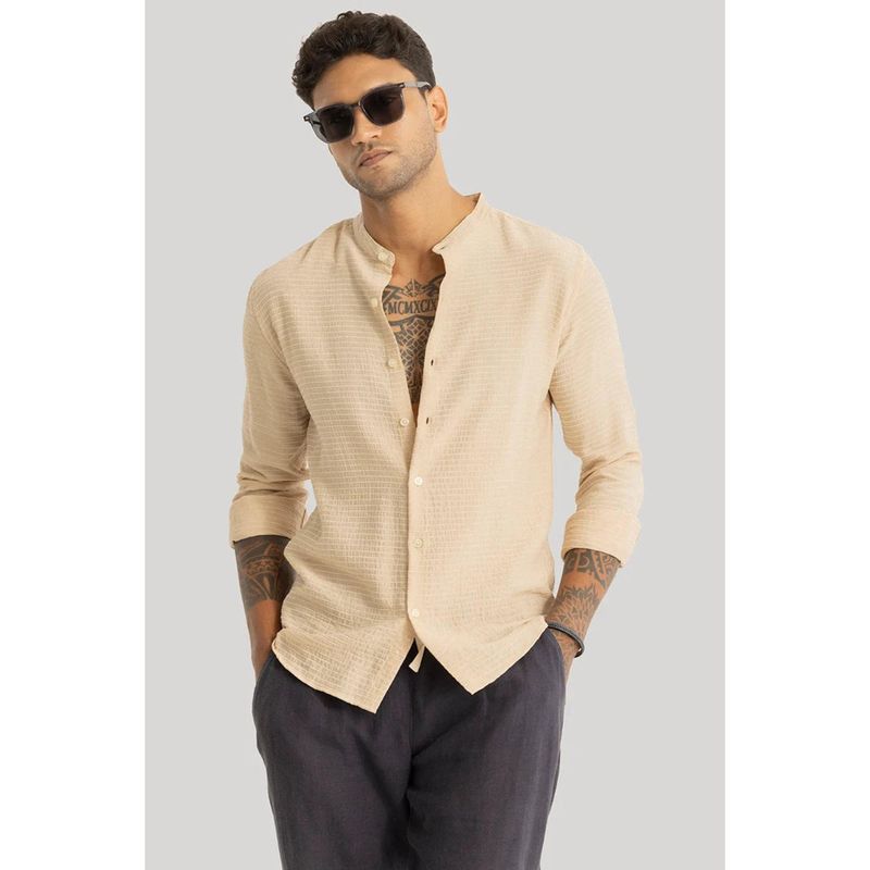 Snitch Men Beige Textured Polyester Casual Shirt (2XL)