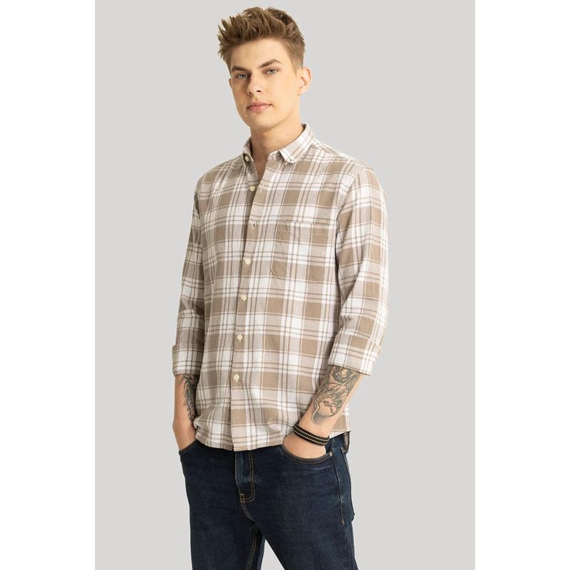 Snitch Men Brown Checks Linen Casual Shirt (M)