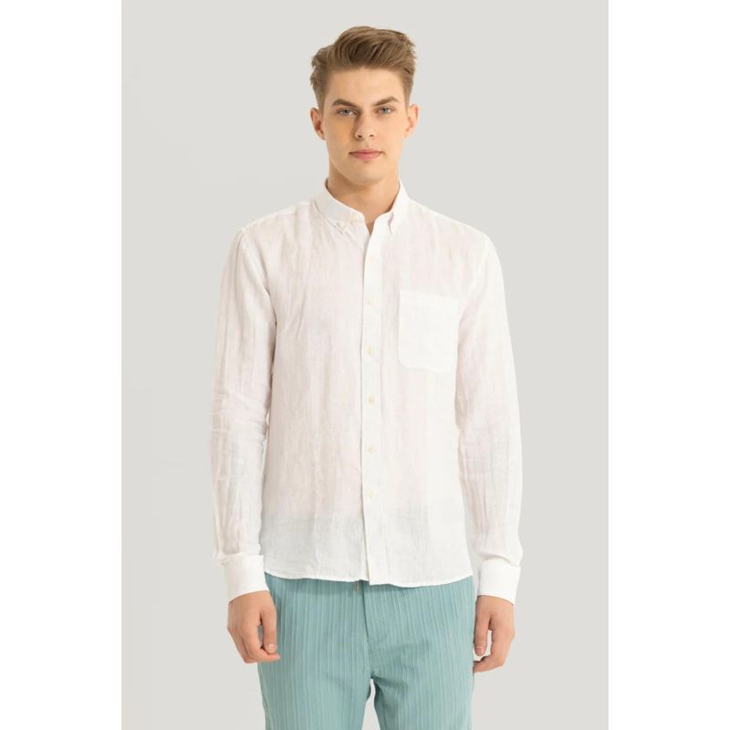 Snitch Men White Solid Linen Casual Shirt (L)