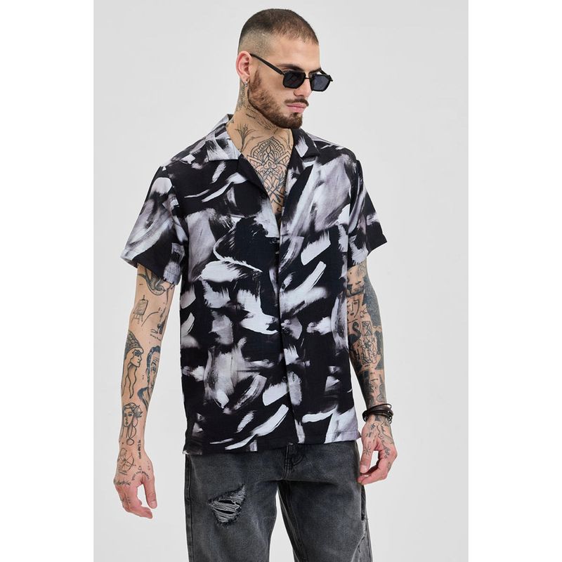 Snitch Men Black Abstract Viscose Blend Casual Shirt (XS)