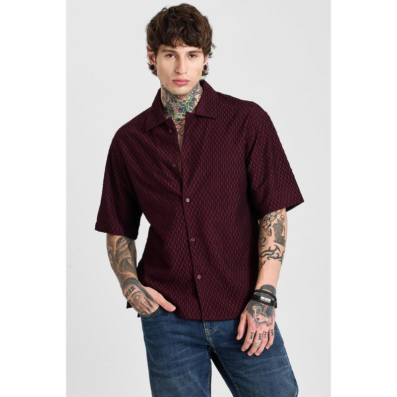 Snitch Men Burgundy Self Design Polyester Blend Casual Shirt (L)
