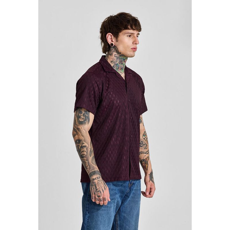 Snitch Men Burgundy Self Design Polyester Blend Casual Shirt (S)