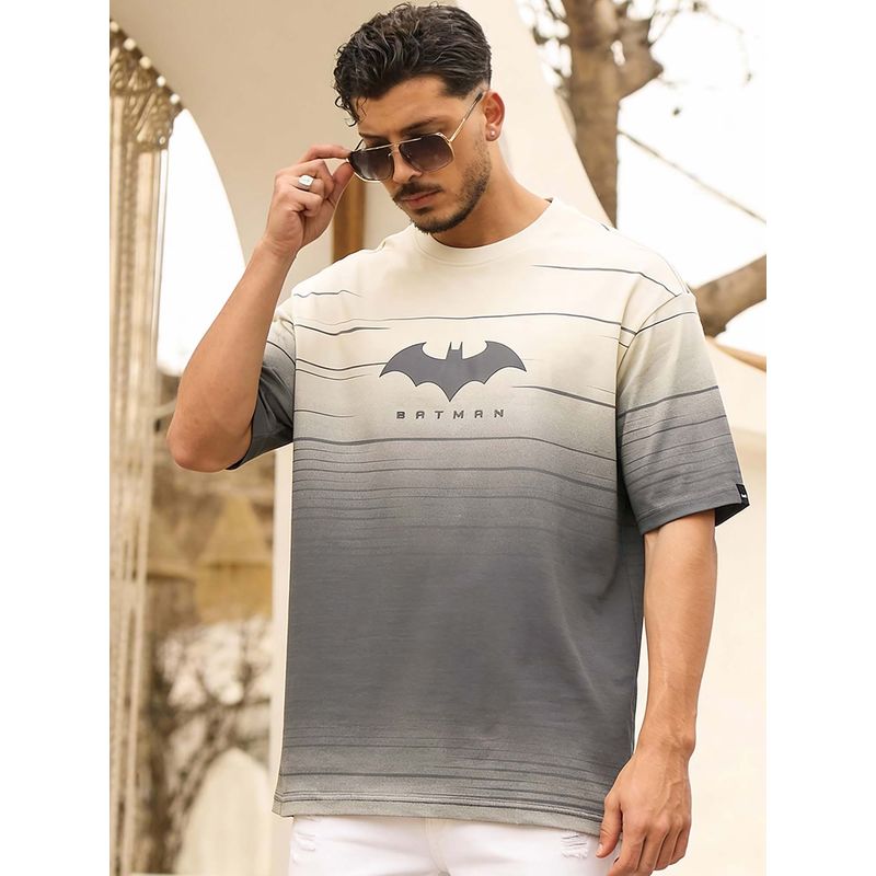 Bewakoof Official DC Men's Beige & Grey Batman Graphic Printed Ombre Oversized T-shirt (M)