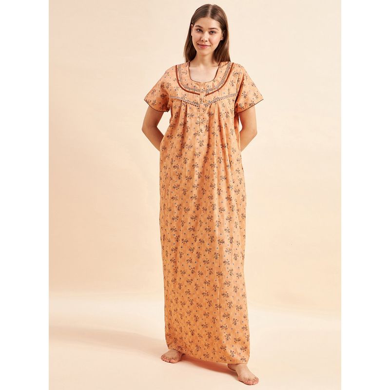 Sweet Dreams Women Orange Printed Night Dress (L)