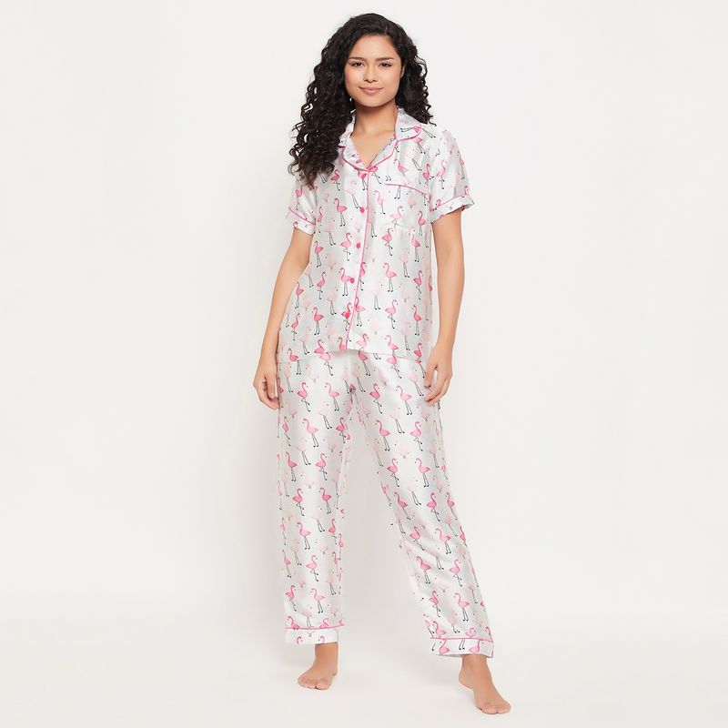 Clovia Satin Printed Shirt & Pyjama (Set of 2) (XL)