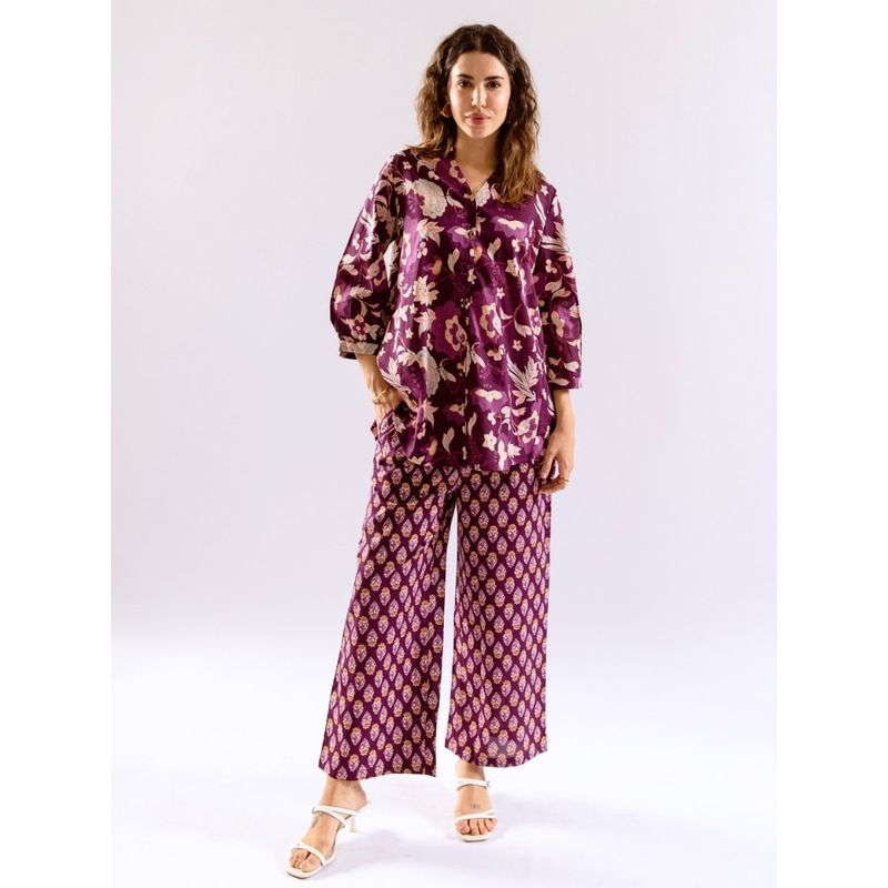 FEATHERS CLOSET Purple Haze Petal Pure Cotton Back Pleated Purple Co-Ord (Set of 2) (S/M)