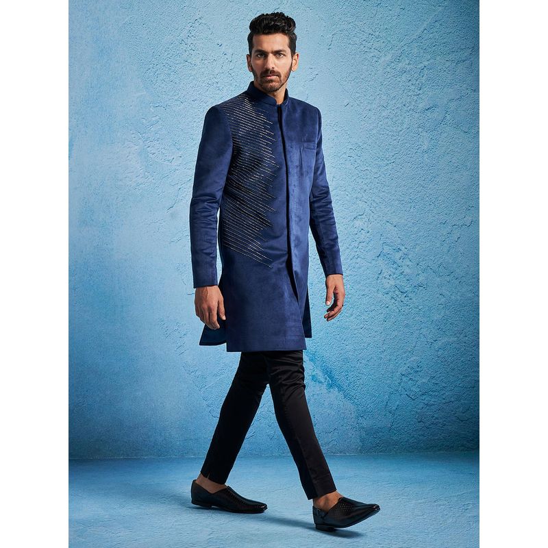Vastramay Men Velvet Embroidered Sequined Indo Western Sherwani with Pyjama (Set of 2) (M)