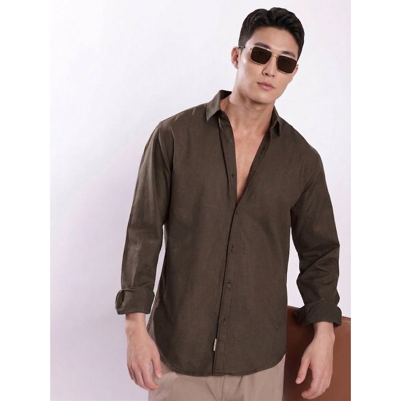 Bene Kleed Men Spread Collar Cotton Linen Regular Fit Casual Brown Shirt (2XL)