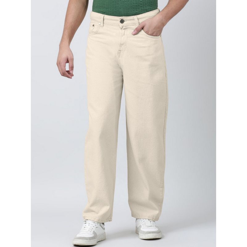 Bene Kleed Men Mid-Rise Baggy Fit Cotton Off White Jeans (30)