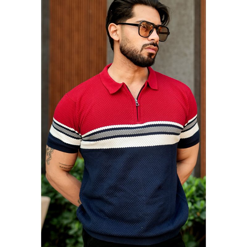 GRITSTONES Men Red Premium Flat Knit Colorblocked Zipper Polo T-Shirt (M)