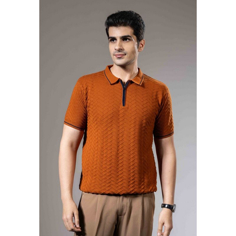 GRITSTONES Men Orange Textured Premium Flat Knit Polo T-Shirt (L)