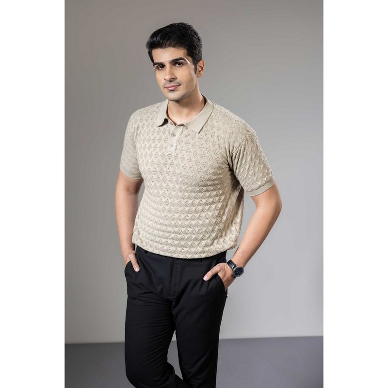 GRITSTONES Men Cream Textured Flat Knit Premium Polo T-Shirt (XL)