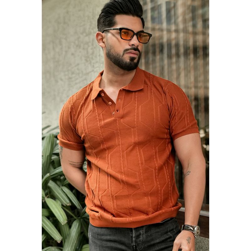 GRITSTONES Men Orange Premium 3D Knit Polo T-Shirt (L)