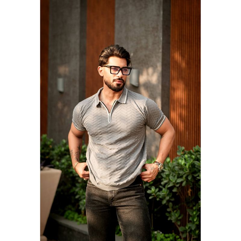 GRITSTONES Men Grey Premium Flat Knit Zipper Polo T-Shirt (XL)