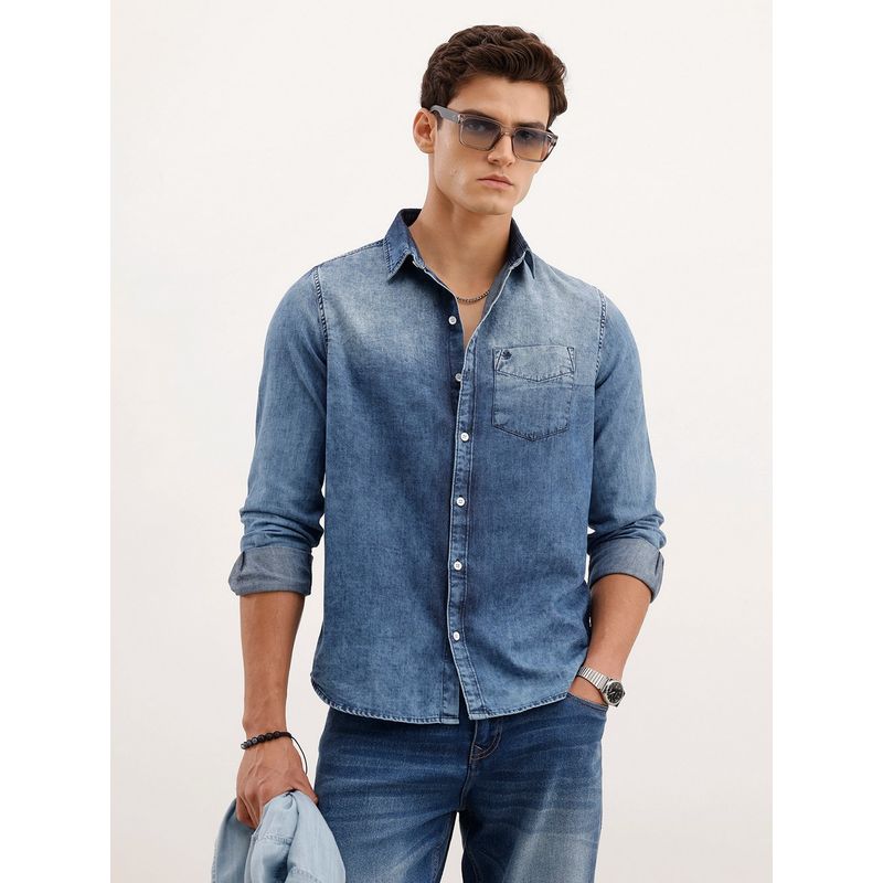 WROGN Men Slim Fit Faded Denim Light Blue Shirt (S)