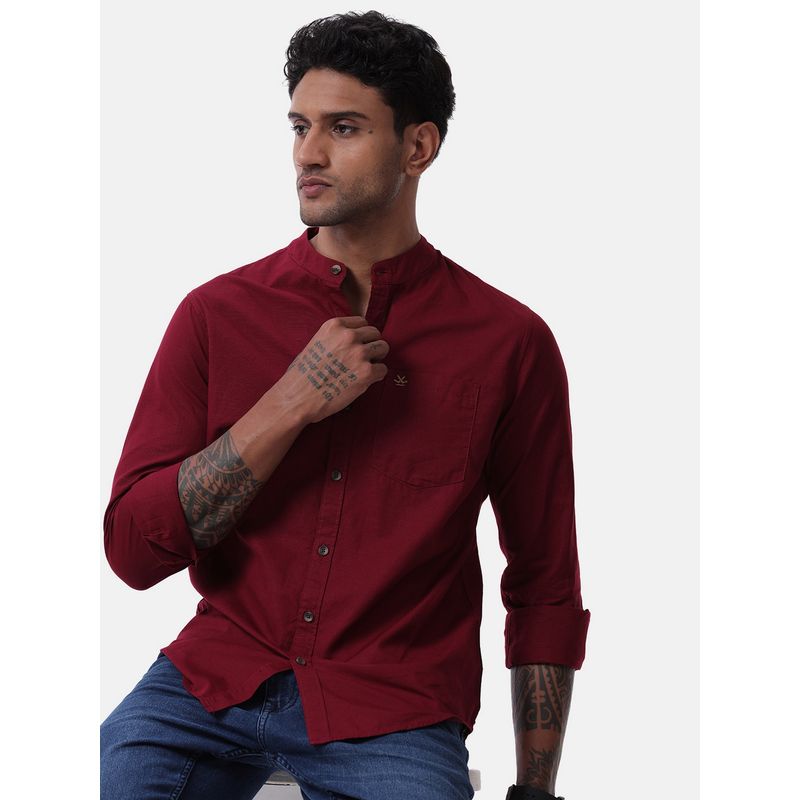 WROGN Men Classic Maroon Mandarin Collar Shirt (S)