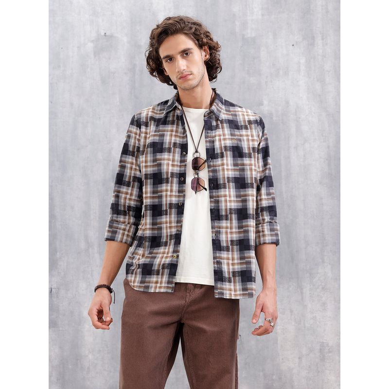 WROGN Men Patchwork Multi-Weave Check Slim Fit Black Shirt (S)