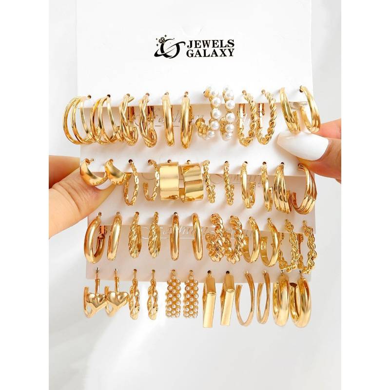 Jewels Galaxy Gold Plated Stylish Pearl Hoop Earrings Set of 24