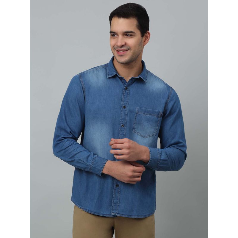 Cantabil Men Blue Washed Spread Collar Casual Shirt (38)