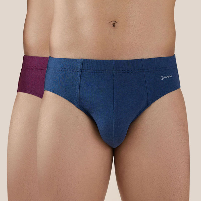 GLOOT Butter Blend Cotton Brief with Covered Elastic and Anti Odour-Pack of 2 GLI016 Navy-Plum (S)