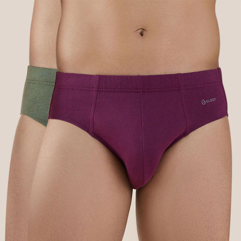 GLOOT Butter Blend Cotton Brief with Covered Elastic and Anti Odour-Pack of 2 GLI016 Plum-Olive (S)