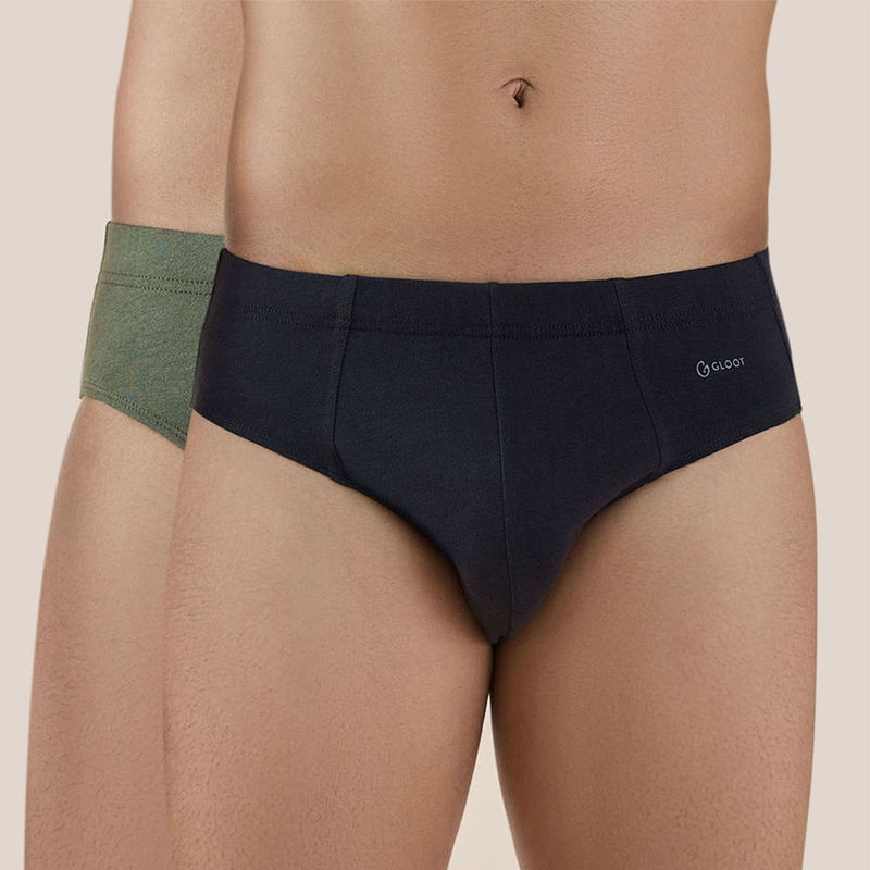 GLOOT Butter Blend Cotton Brief with Covered Elastic and Anti Odour-Pack of 2 Jet GLI016 Black-Olive (L)