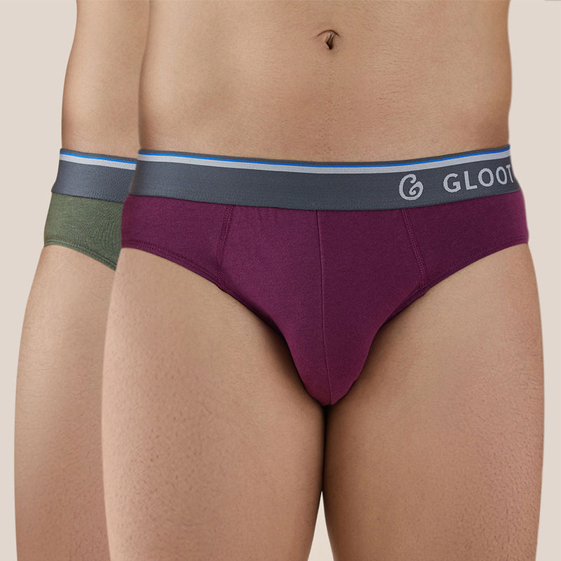 GLOOT Butter Blend Classic Brief with No-Itch Elastic and Anti Odour-Pack of 2 GLI018 Plum-Olive (S)