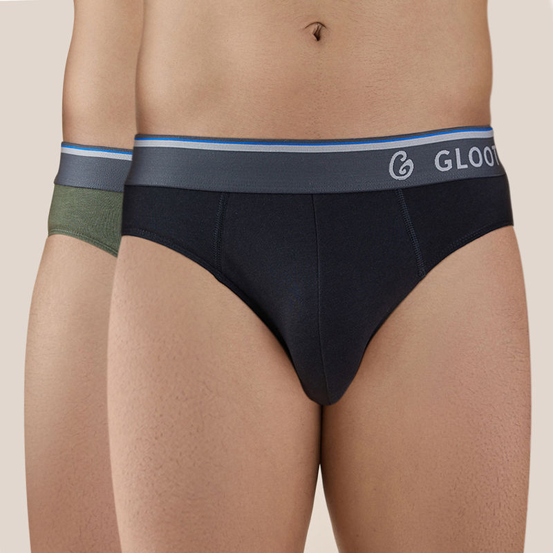 GLOOT Butter Blend Classic Brief with No-Itch Elastic and Anti Odour-Pack of 2 Jet GLI018 Black-Olive (S)