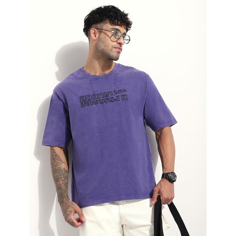 Difference of Opinion Men Acid Washed Oversized Embroidery Navy Blue T-Shirt (S)