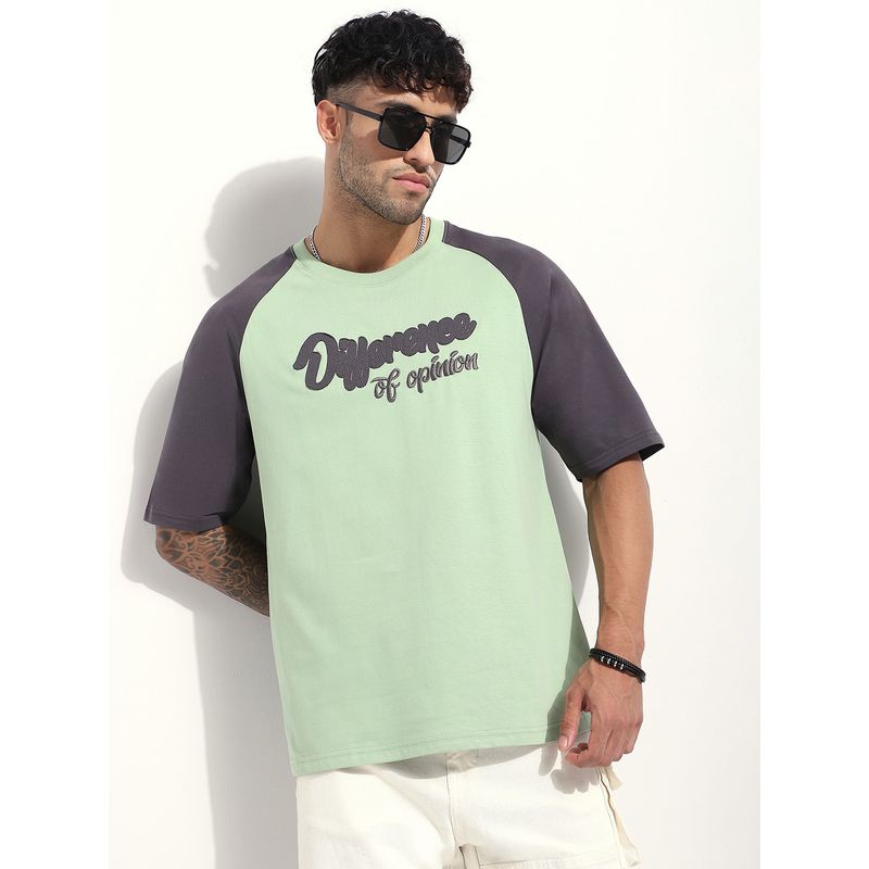 Difference of Opinion Men Green Oversized Raglan Embroidery T-Shirt (S)