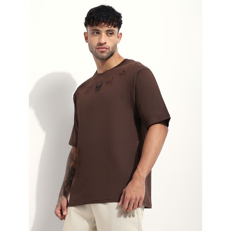 Difference of Opinion Men Brown Oversized Embroidery T-Shirt (S)