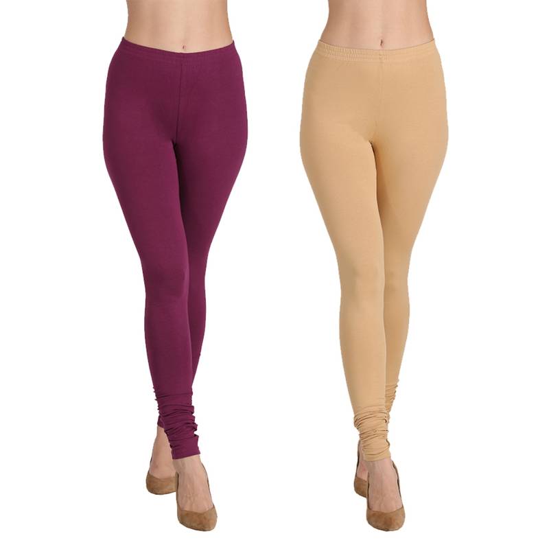 Groversons Paris Beauty Cotton Lycra Churidar Leggings - Pack of 2 - Multi-Color (M)